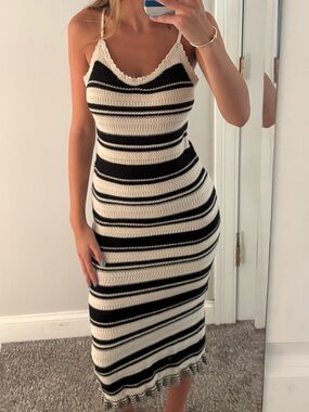 Freshman Black and Cream Striped Knit Midi Slip Dress